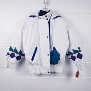 Vintage London Fog Puffer‎ Jacket White Geometric Down Zip-Out Liner Size Small